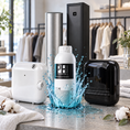 Cargar la imagen en la vista de la galería, COMBAZO NEBULIZACIÓN: nebulizador compacto blanco, nebulizador de 400 ml negro, torre plateada, torre XL y ambientador líquido de 1 litro aroma aqua en el mostrador de una tienda