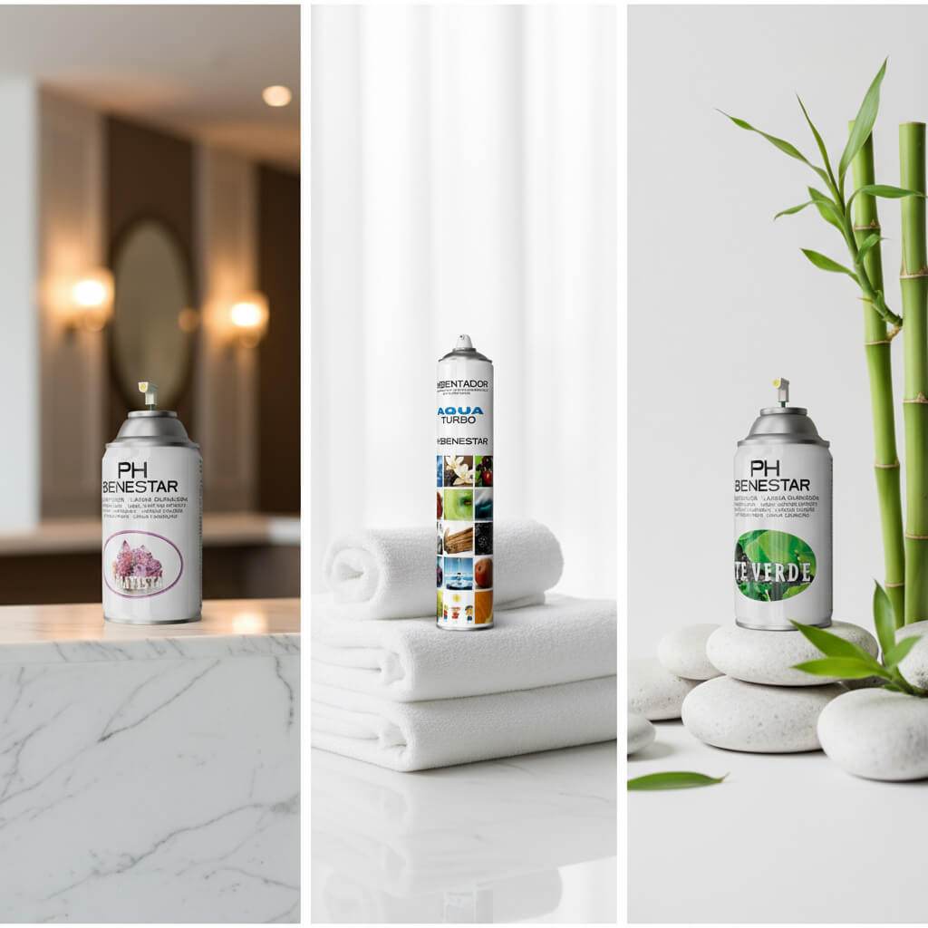 Los 10 mejores aromas profesionales para hoteles: Amatista lobby, Aqua habitaciones y Té Verde spa