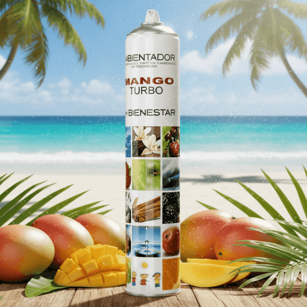 Ambientador aerosol turbo mango tropical - Spray fragancia playa verano 750ml alta concentración 24h (MANGUE)