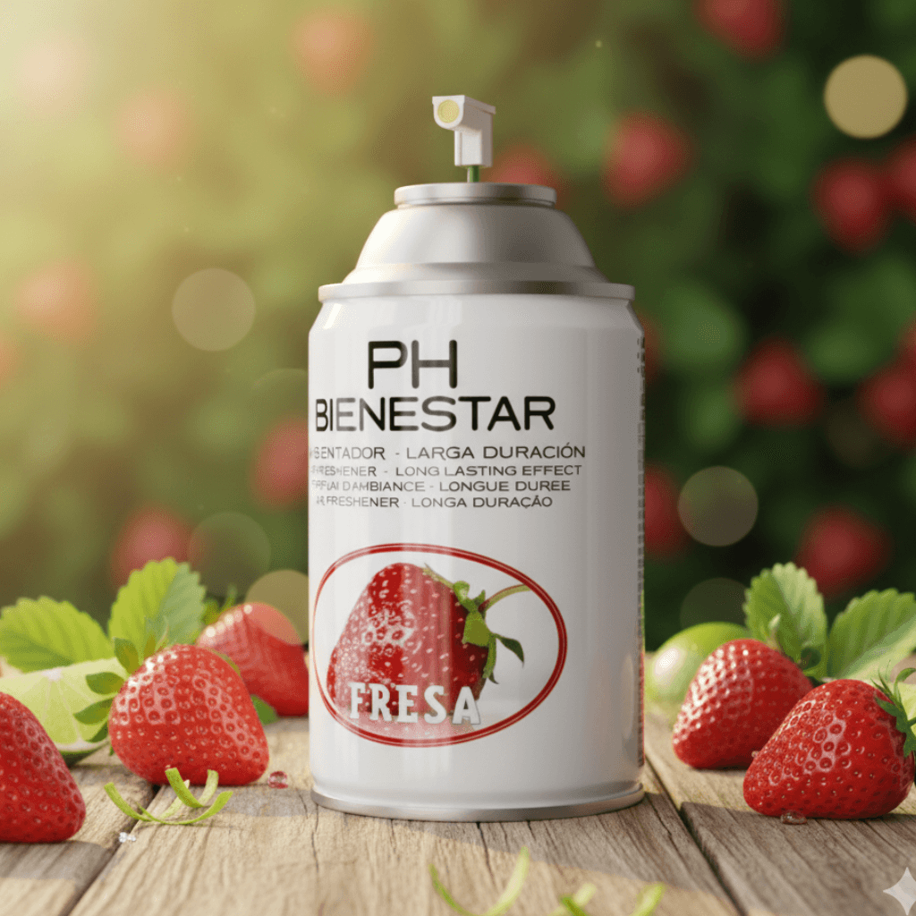 Ambientador aerosol Fresa aroma dulce vibrante PH Bienestar 250ml para heladerías y pastelerías