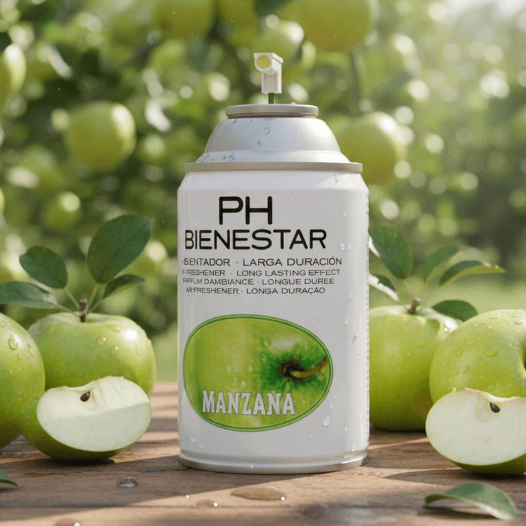 Ambientador aerosol Manzana aroma fresco natural PH Bienestar 250ml para oficinas y colegios