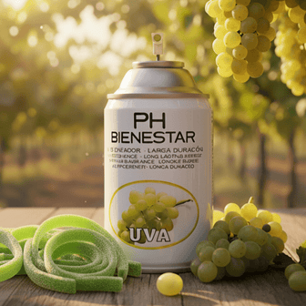 Ambientador aerosol Uva aroma dulce juvenil afrutado PH Bienestar 250ml para locales de ocio (UVA).