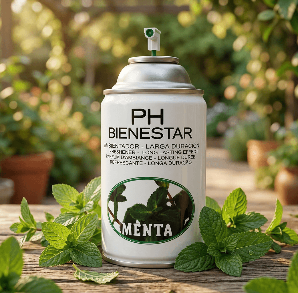 Ambientador aerosol Menta 250ml rodeado de hojas de menta fresca - Aroma mentolado profesional de larga duración (MENTA)