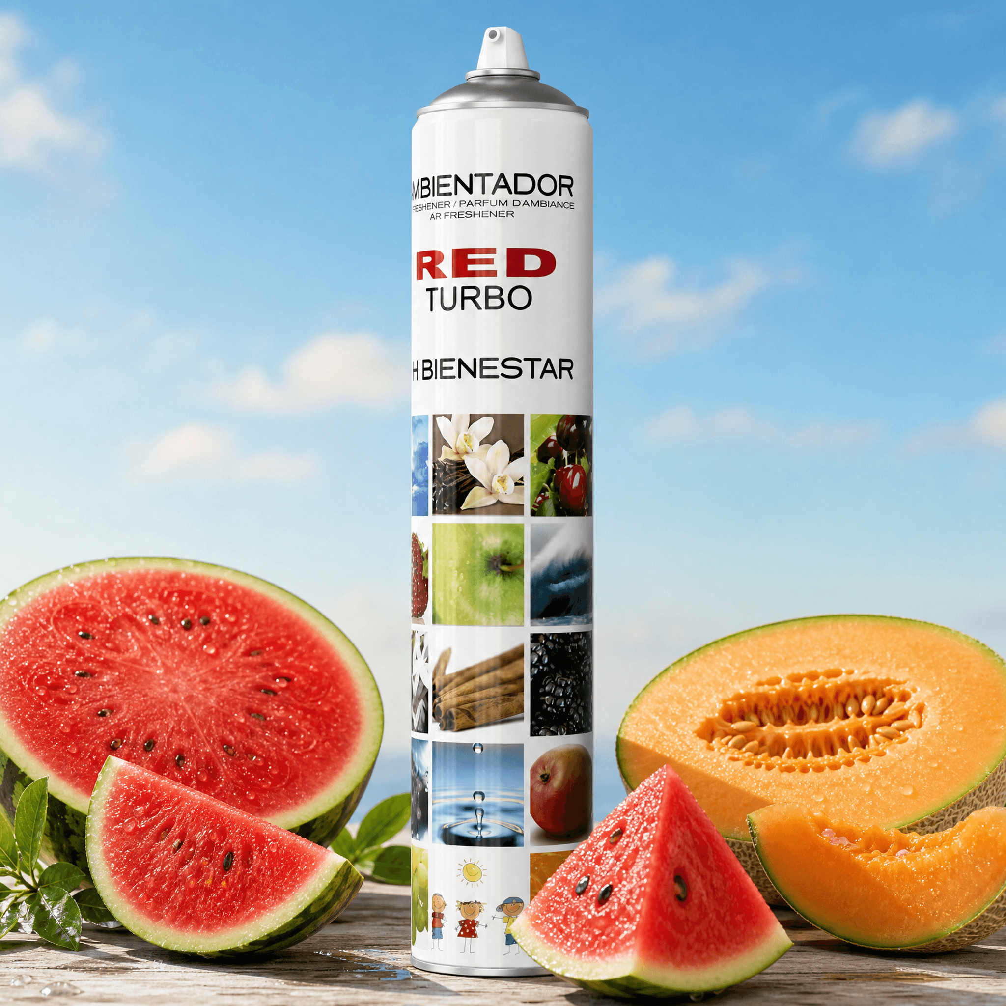 Professioneller TURBO RED Lufterfrischer 750 ml mit Wassermelonen-Melonen-Duft auf einem Holztisch auf einer sommerlichen Terrasse (RED WASSERMELONE-MELONE)