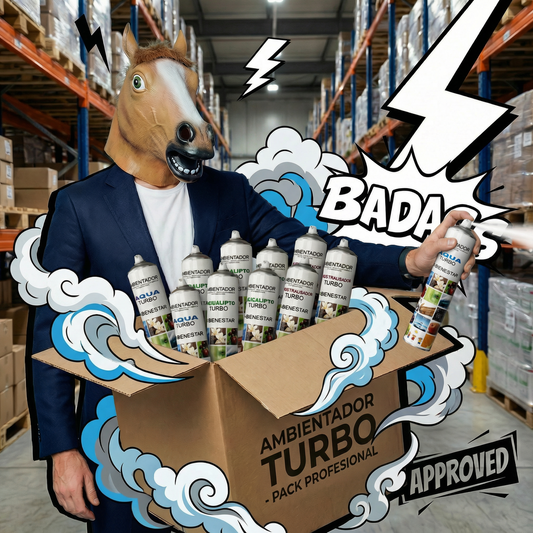 Caja de cartón del Pack Profesional Ambientador Turbo de 12 unidades, sostenida por una persona con máscara de caballo en un almacén. Gráficos de cómic con rayos y humo blanco resaltan el producto. Ideal para grandes superficies.