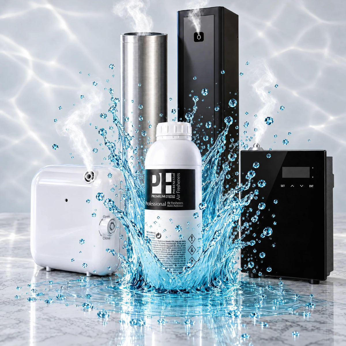 COMBAZO NEBULIZACIÓN: ambientador líquido profesional de 1 litro aroma aqua con nebulizador compacto blanco, nebulizador de pared con pantalla, torre plateada y torre negra sobre mármol gris
