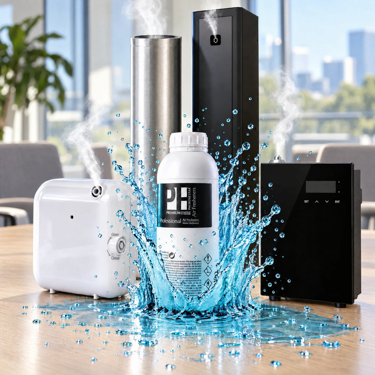 COMBAZO NEBULIZACIÓN: ambientador líquido profesional de 1 litro aroma aqua con nebulizador compacto blanco, nebulizador de pared con pantalla, torre plateada y torre negra en una sala de reuniones