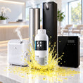Charger l’image dans la vue de la galerie, COMBAZO NEBULIZACIÓN: ambientador líquido profesional de 1 litro aroma limón con nebulizador compacto blanco, nebulizador de pared con pantalla, torre plateada y torre negra en una clínica dental
