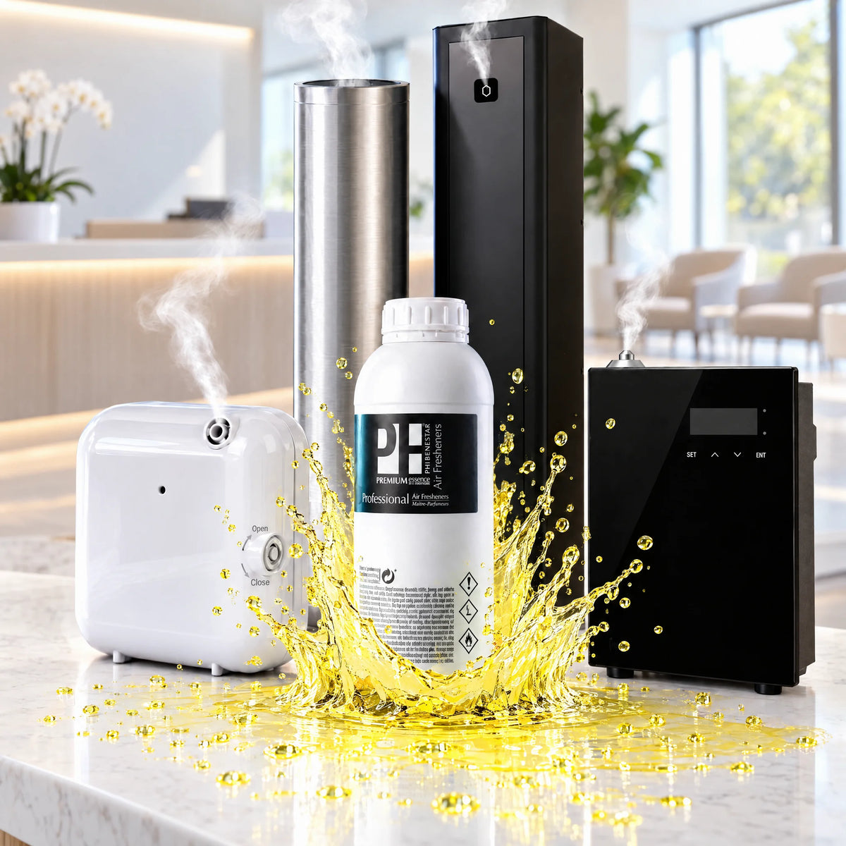 COMBAZO NEBULIZACIÓN: ambientador líquido profesional de 1 litro aroma limón con nebulizador compacto blanco, nebulizador de pared con pantalla, torre plateada y torre negra en una clínica dental