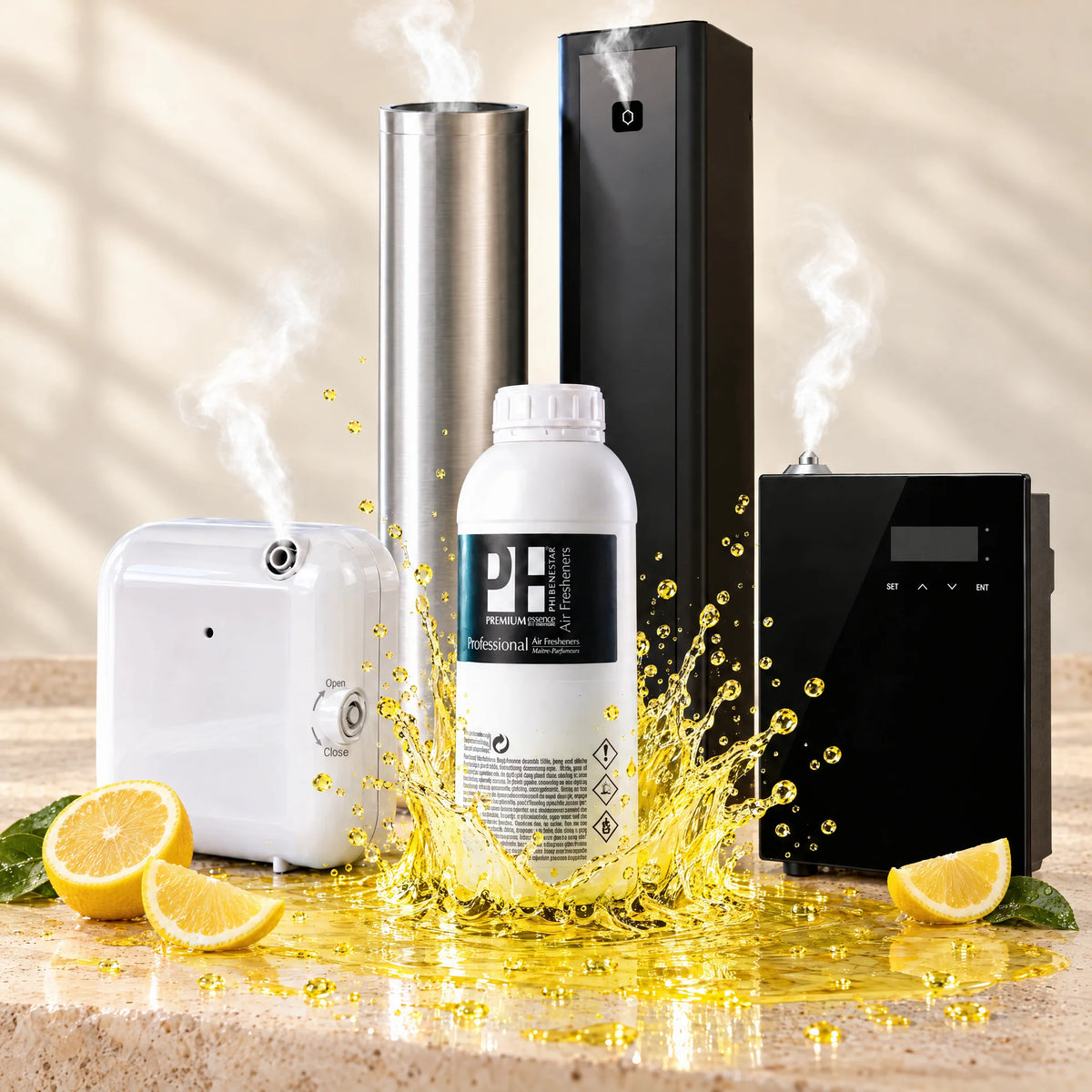 COMBAZO NEBULIZACIÓN: ambientador líquido profesional de 1 litro aroma limón con nebulizador compacto blanco, nebulizador de pared con pantalla, torre plateada y torre negra sobre travertino