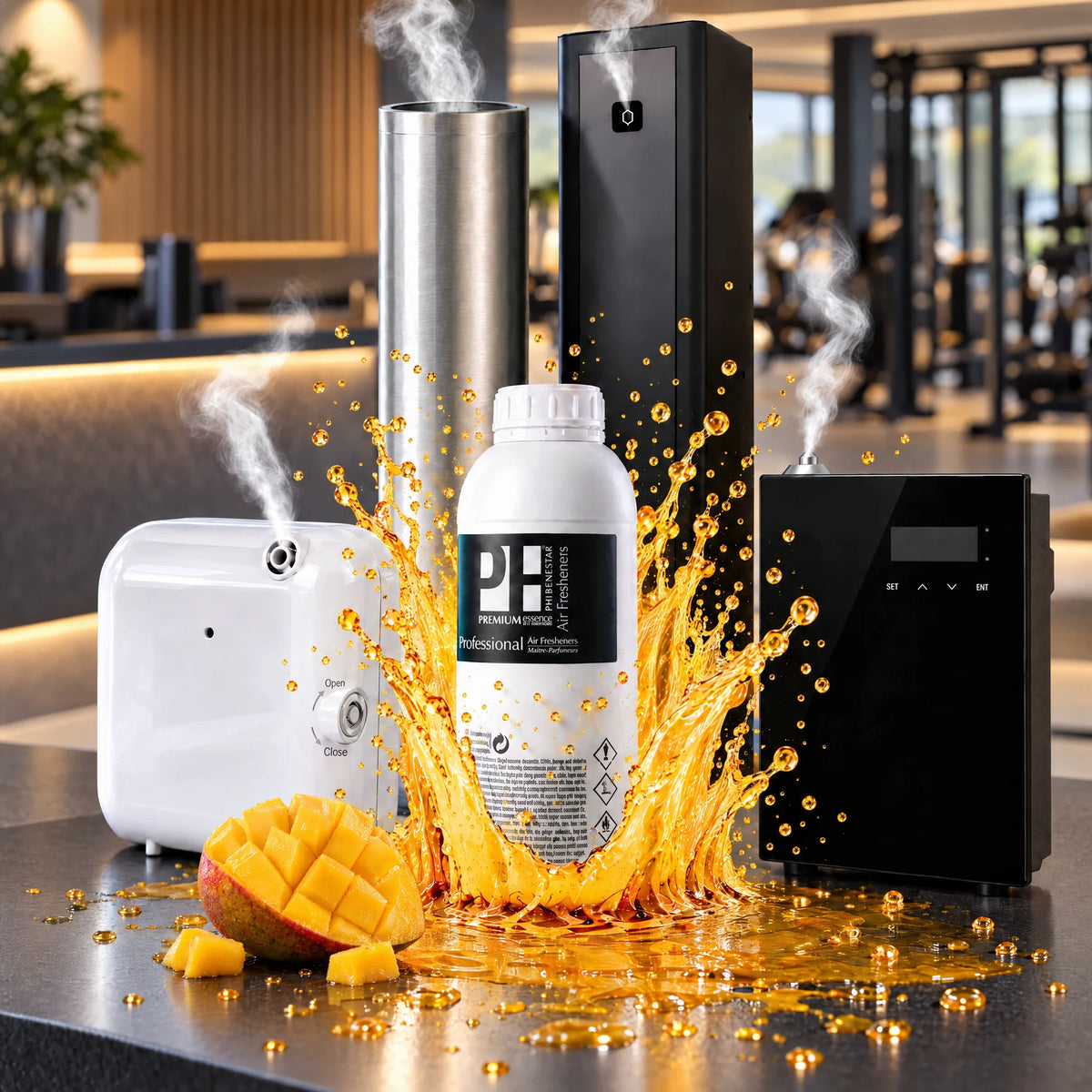 COMBAZO NEBULIZACIÓN: ambientador líquido profesional de 1 litro aroma mango con nebulizador compacto blanco, nebulizador de pared con pantalla, torre plateada y torre negra en la recepción de un gimnasio