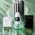 Charger l’image dans la vue de la galerie, COMBAZO NEBULIZACIÓN: ambientador líquido profesional de 1 litro aroma menta con nebulizador compacto blanco, nebulizador de pared con pantalla, torre plateada y torre negra sobre mármol verde
