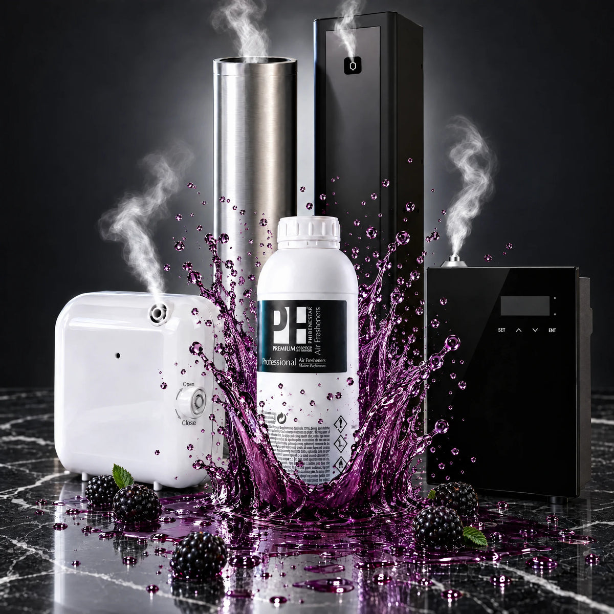 COMBAZO NEBULIZACIÓN: ambientador líquido profesional de 1 litro aroma mora con nebulizador compacto blanco, nebulizador de pared con pantalla, torre plateada y torre negra sobre mármol negro