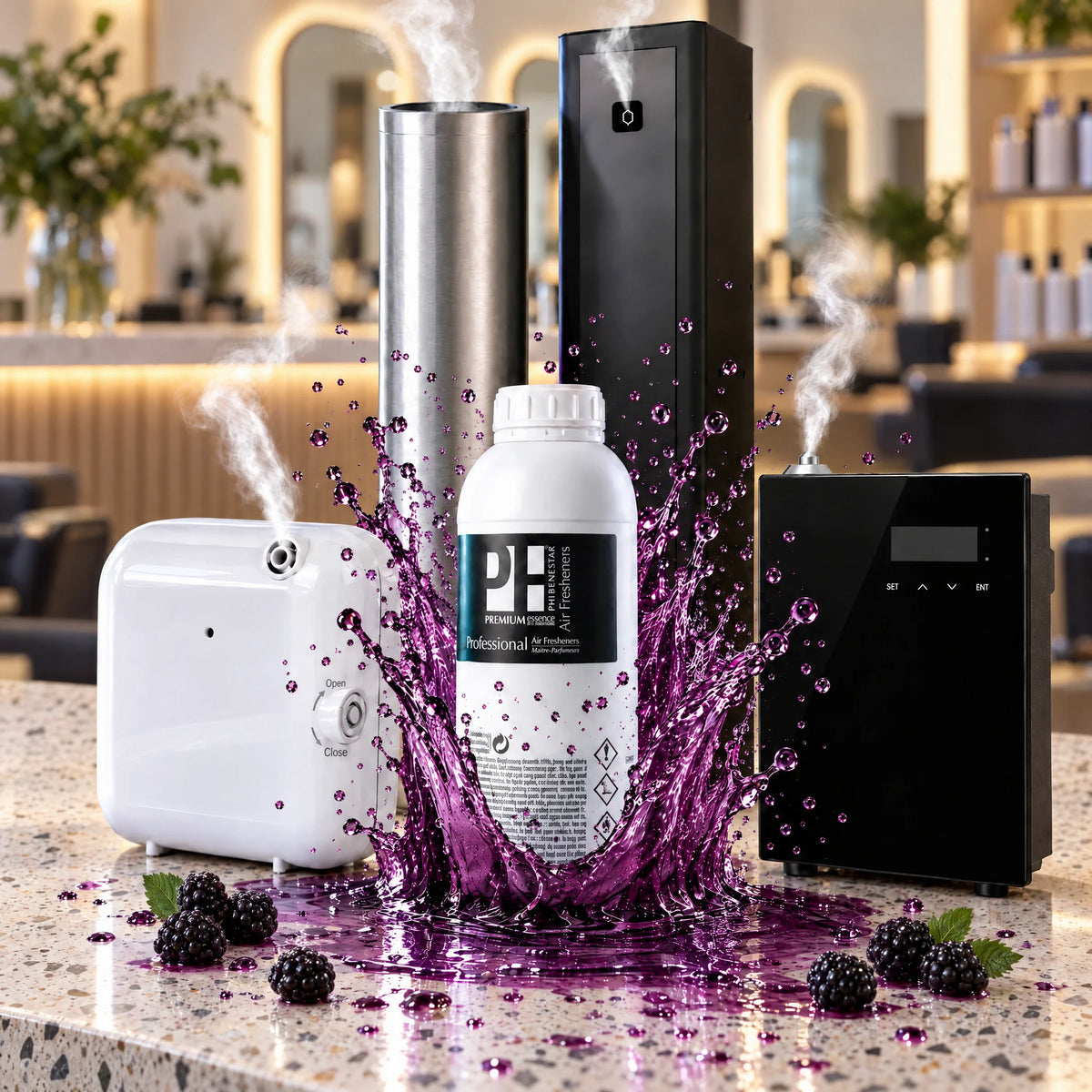 COMBAZO NEBULIZACIÓN: ambientador líquido profesional de 1 litro aroma mora con nebulizador compacto blanco, nebulizador de pared con pantalla, torre plateada y torre negra en una peluquería
