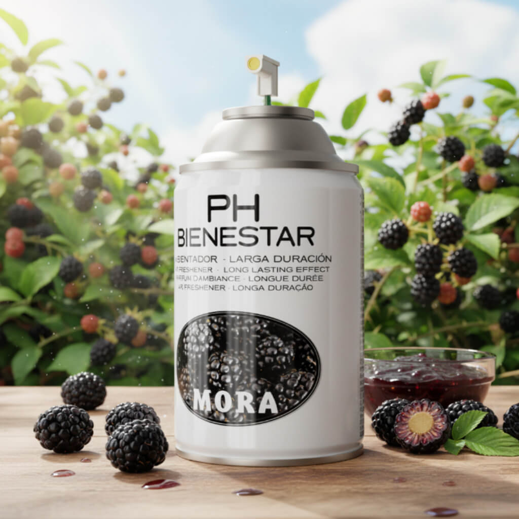 Désodorisant en spray Mora, parfum fruité sucré et acidulé PH Bienestar 250 ml pour les commerces destinés aux jeunes (MÛRE)