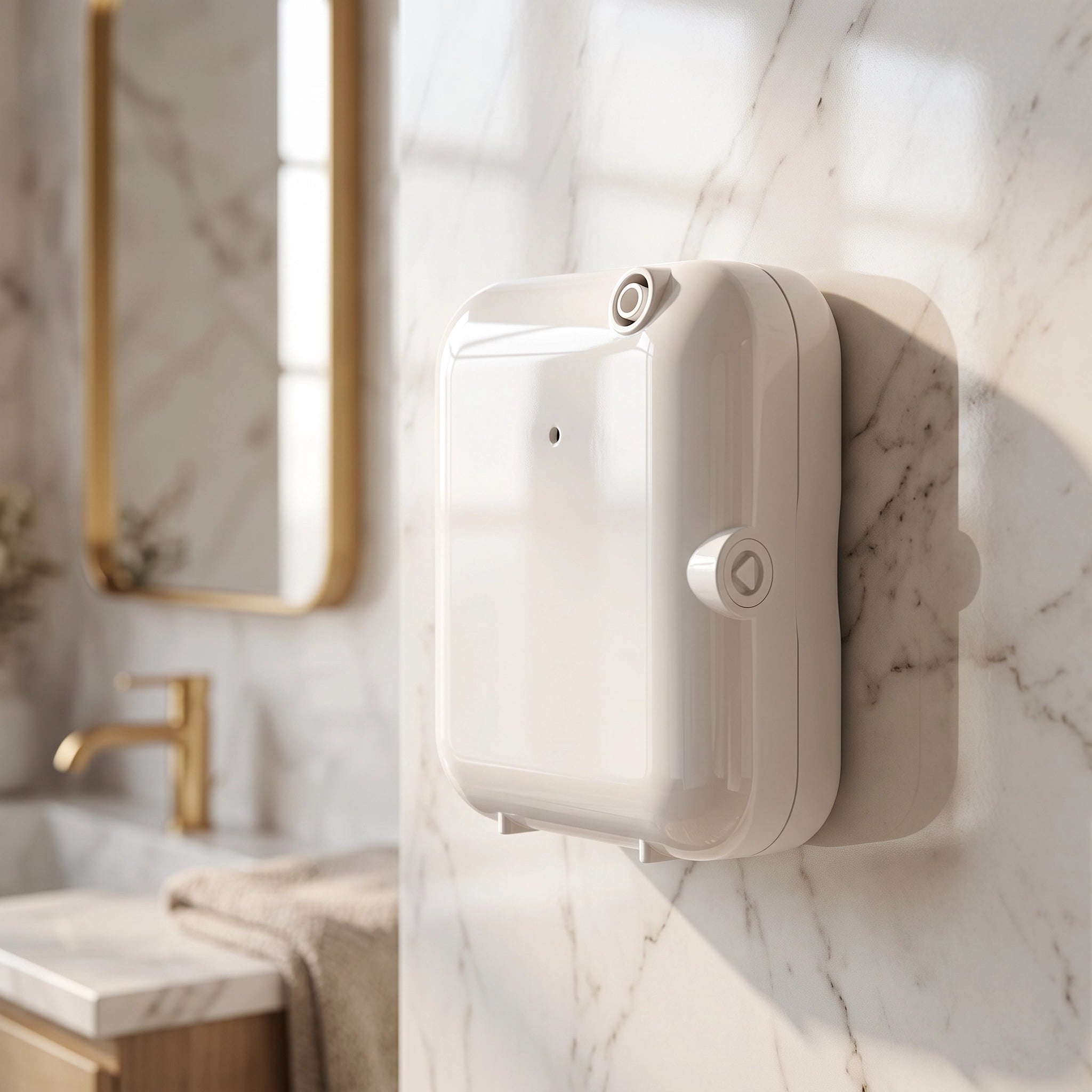 Difusor nebulizador Bluetooth compacto 100ml blanco Serviaroma Shop instalado en pared de mármol en baño de hotel de lujo con grifo dorado