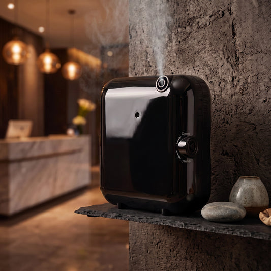Difusor nebulizador Bluetooth compacto 100ml negro Serviaroma Shop en funcionamiento con vapor de fragancia en recepción de hotel boutique
