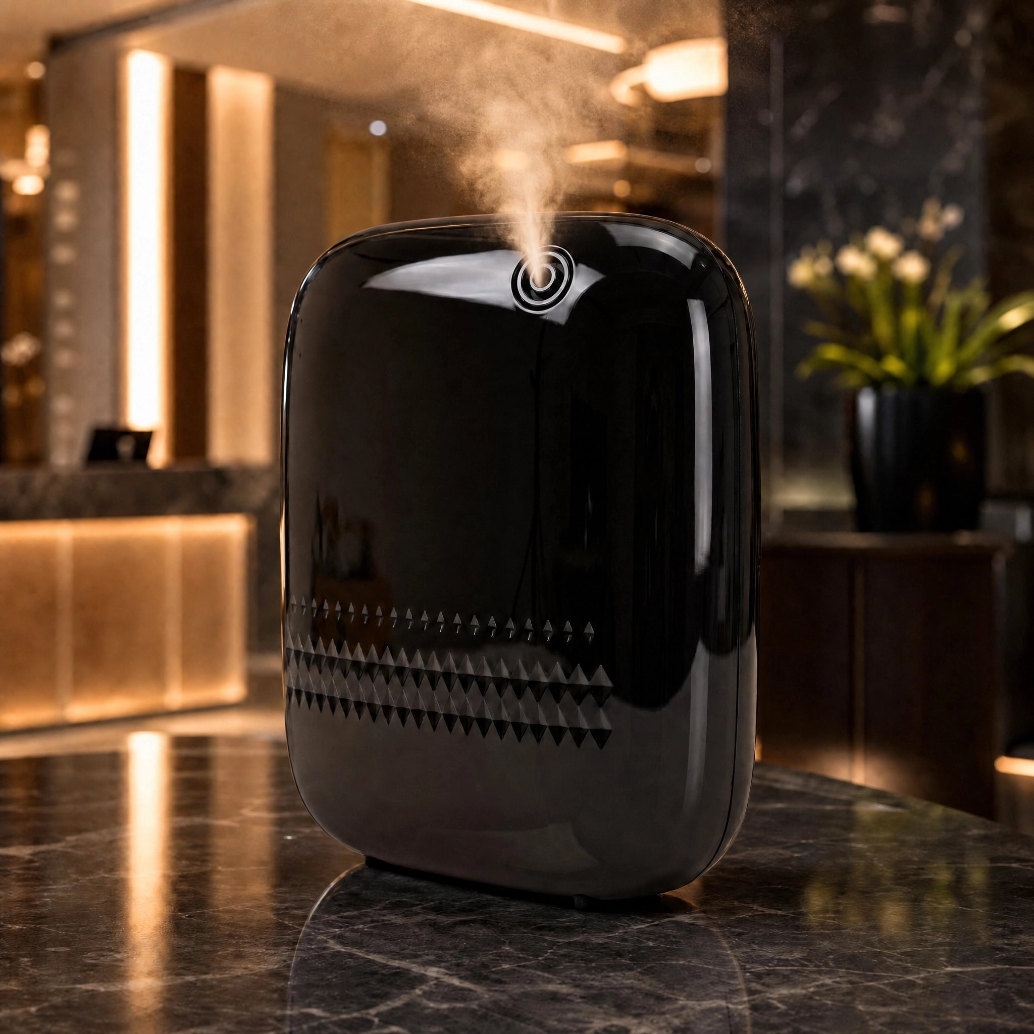 Difusor nebulizador Bluetooth compacto 400ml negro encendido Serviaroma Shop sobre encimera de mármol en recepción de hotel de lujo con iluminación cálida