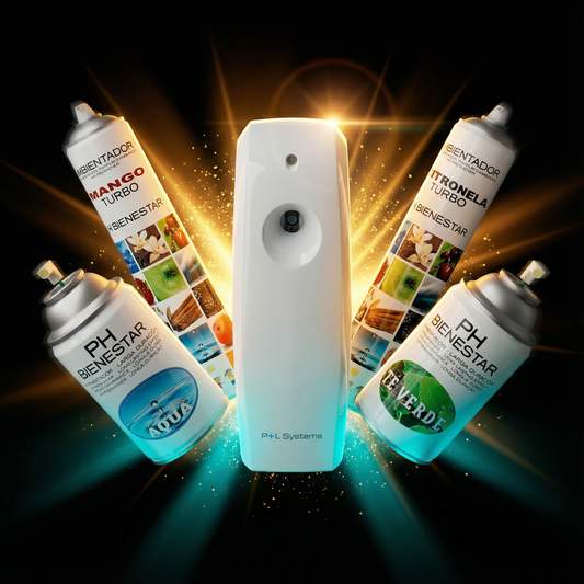 Bodegón de productos profesionales Serviaroma: Dispensador automático blanco rodeado de aerosoles Turbo de Mango y Citronela, y cargas de mantenimiento aromas Aqua y Té Verde.