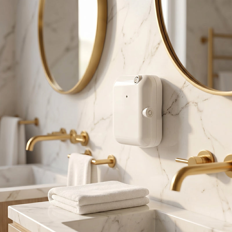 Dispensador nebulizador blanco instalado en pared de baño de hotel boutique con mármol