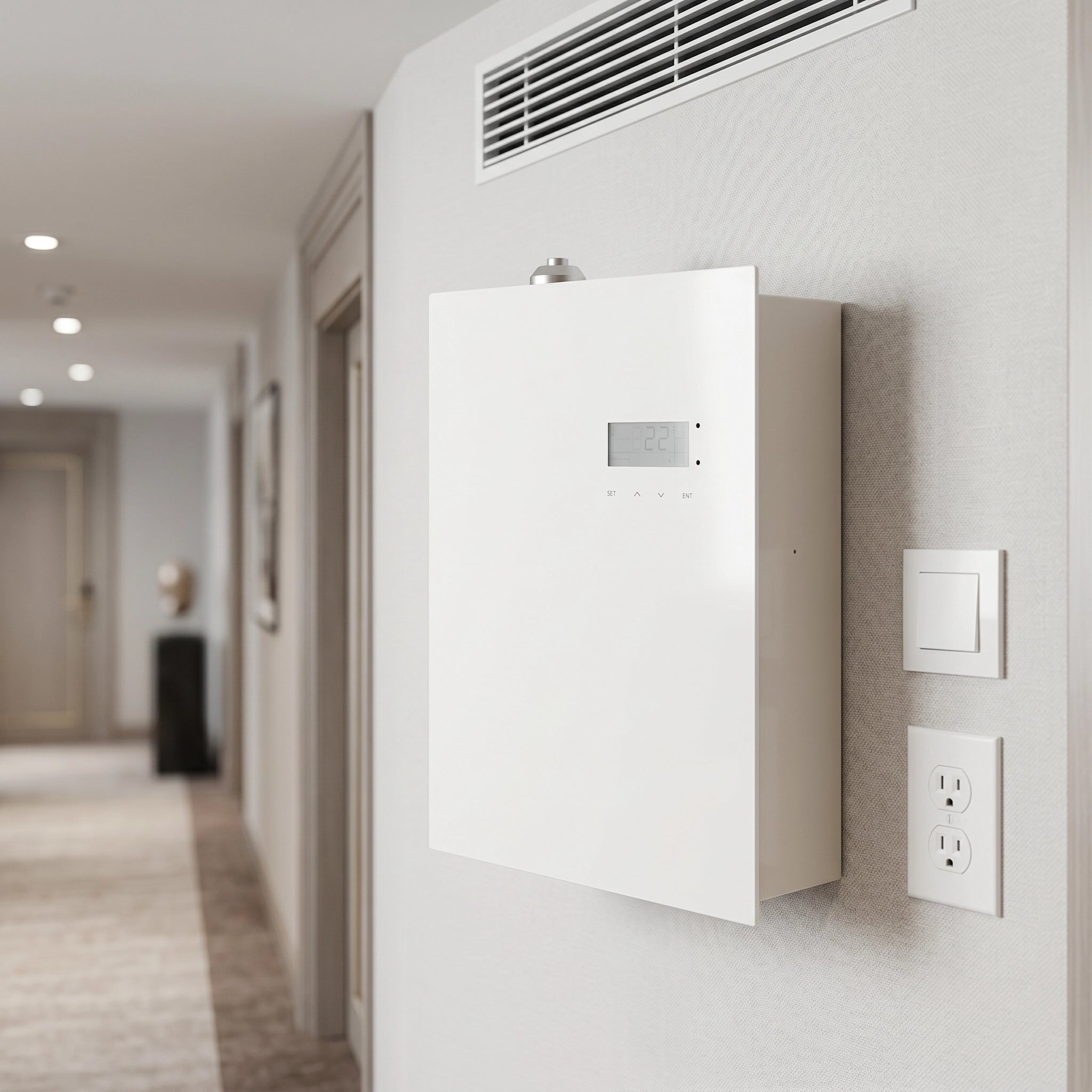 Nebulizador profesional Bluetooth 1L blanco en pared de hotel junto a conductos de climatización