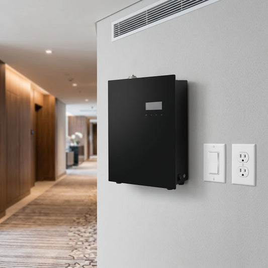 Nebulizador profesional Bluetooth 1L negro en pared de hotel junto a conductos de climatización