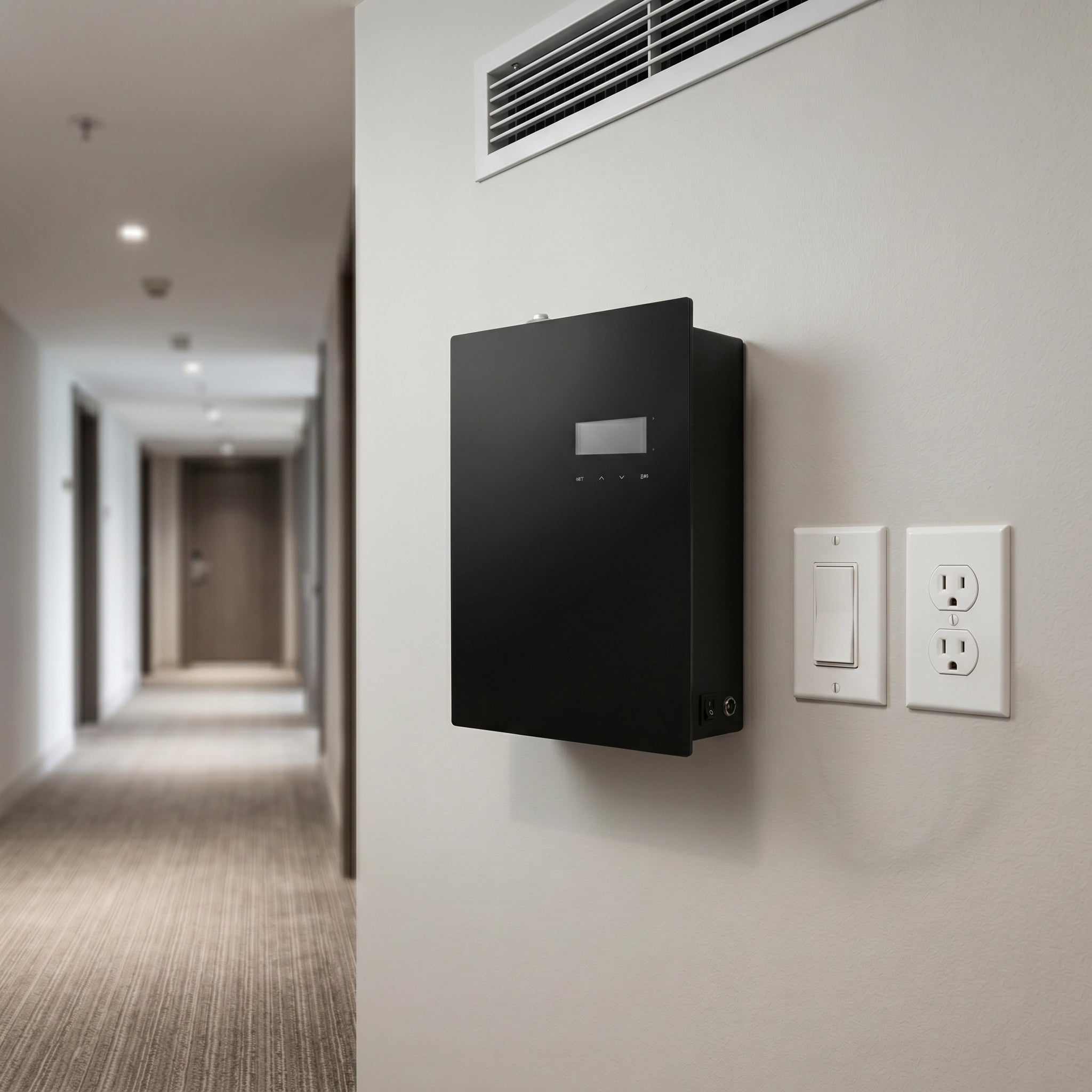 Nebulizador profesional Bluetooth 500ml negro en pared de hotel junto a conductos de climatización