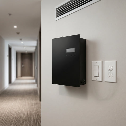 Nebulizador profesional Bluetooth 500ml negro en pared de hotel junto a conductos de climatización