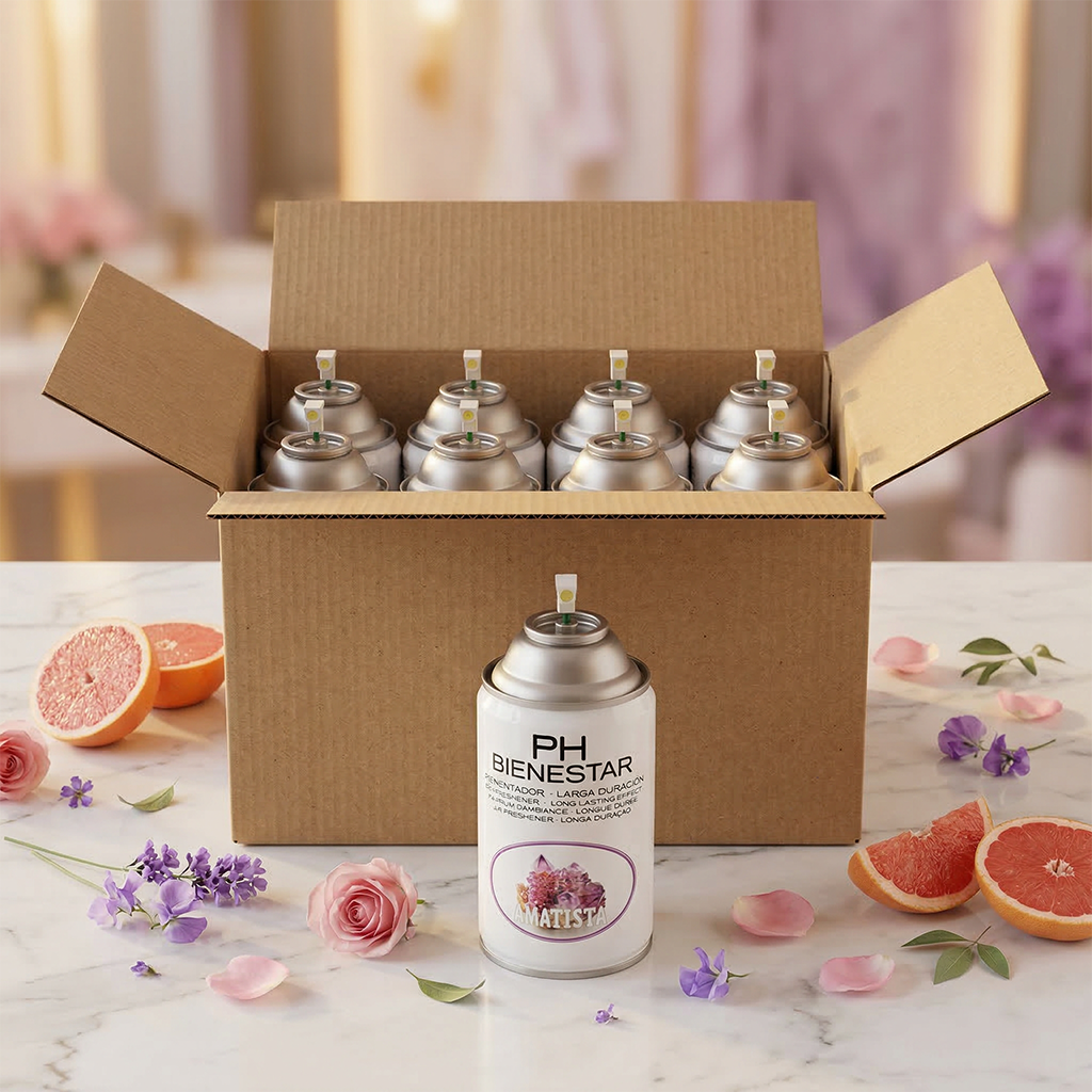 Pack aerosol ambientador profesional aroma Amatista tipo Bulgari 250ml Serviaroma Shop, con pomelo rosa, rosas y flores de lavanda sobre encimera de mármol