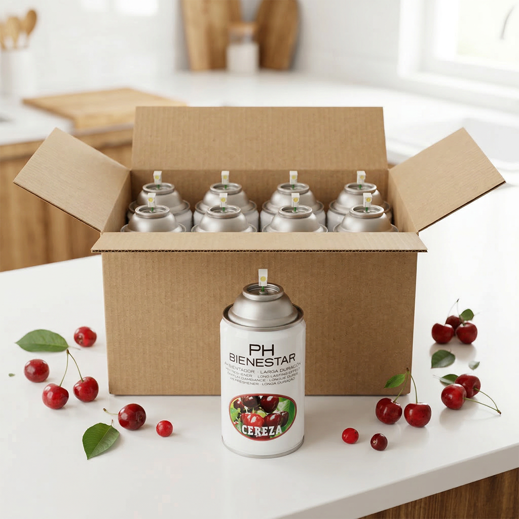 Pack aerosol ambientador profesional aroma Cereza 250ml Serviaroma Shop, con cerezas frescas sobre encimera de cocina blanca