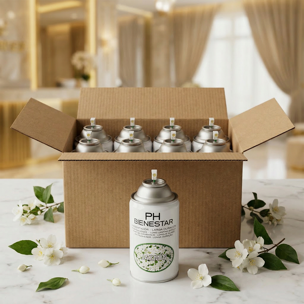 Pack aerosol ambientador profesional aroma Jazmín 250ml Serviaroma Shop, con flores de jazmín blancas sobre encimera de mármol en interior de hotel de lujo