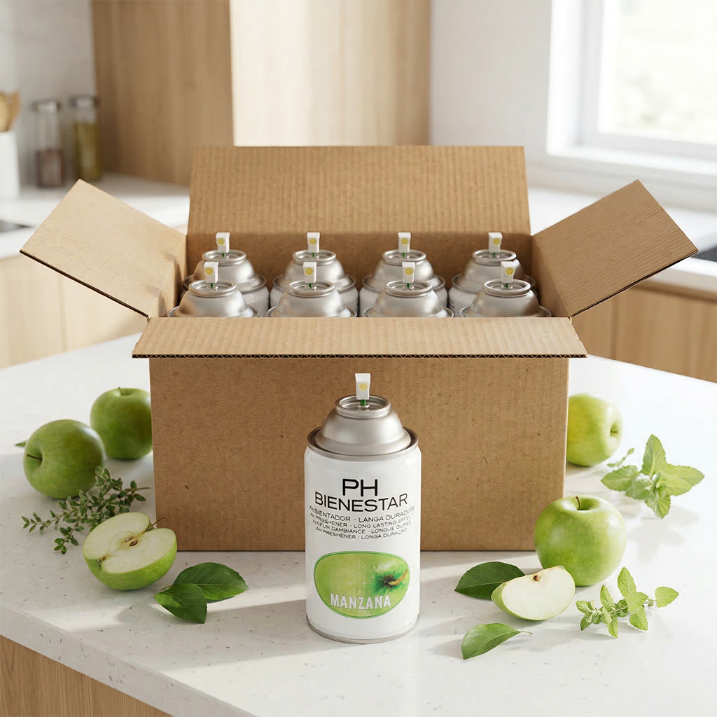 Pack aerosol ambientador profesional aroma Manzana 250ml Serviaroma Shop, con manzanas verdes frescas sobre encimera de cocina blanca