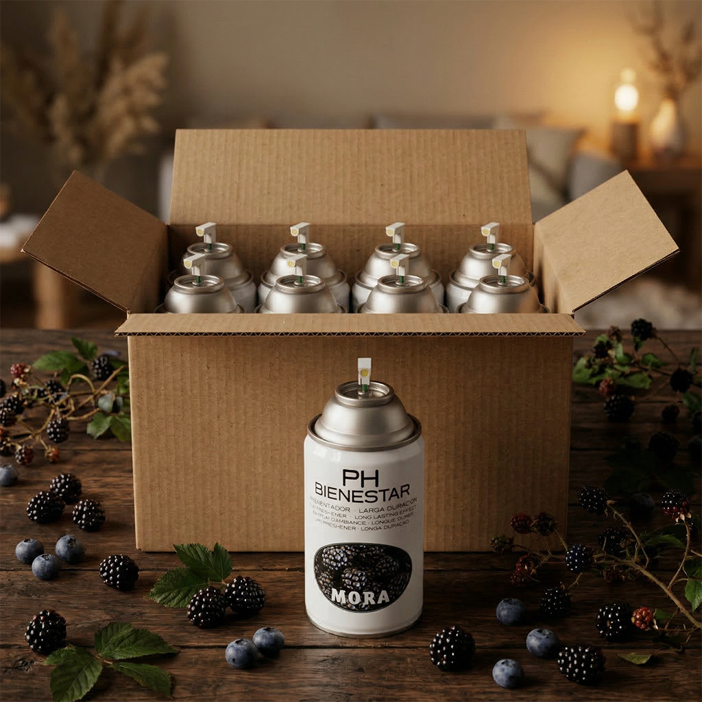 Pack aerosol ambientador profesional aroma Mora 250ml Serviaroma Shop, con moras, arándanos y frutos del bosque sobre mesa de madera rústica