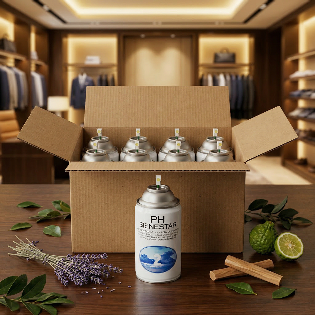 Pack aerosol ambientador profesional Perfume 2 masculino 250ml Serviaroma Shop, con lavanda, bergamota y madera de sándalo en boutique de moda masculina