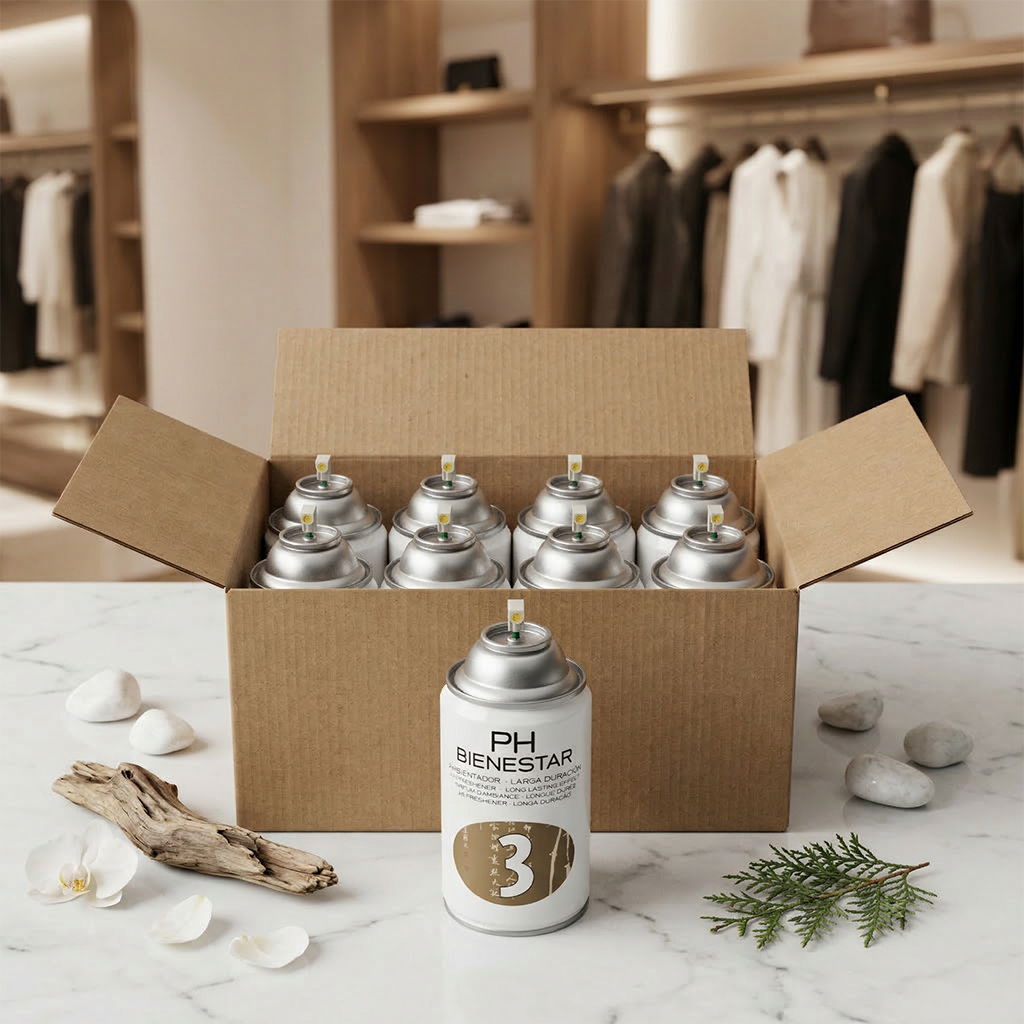 Pack aerosol ambientador profesional Perfume 3 tipo Miyake 250ml Serviaroma Shop, con madera flotante, orquídea blanca y cedro sobre encimera de mármol en boutique de moda