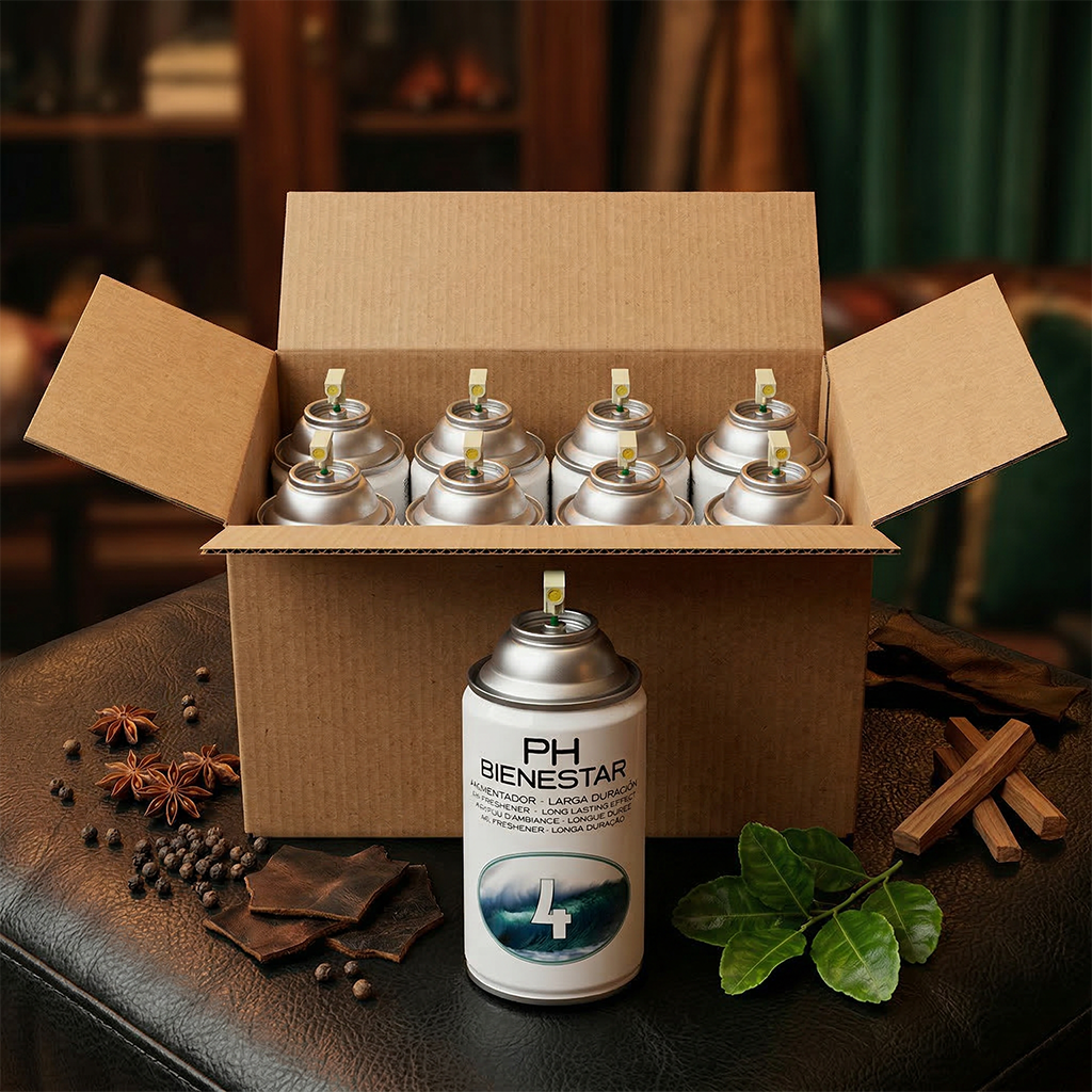 Pack aerosol ambientador profesional Perfume 4 masculino 250ml Serviaroma Shop, con anís estrellado, pimienta negra, madera y cuero sobre mesa de cuero oscuro