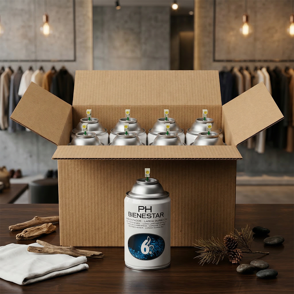 Pack aerosol ambientador profesional Perfume 6 tipo Abercrombie Fierce 250ml Serviaroma Shop, con madera flotante, piña de pino y piedras negras en tienda de moda urbana