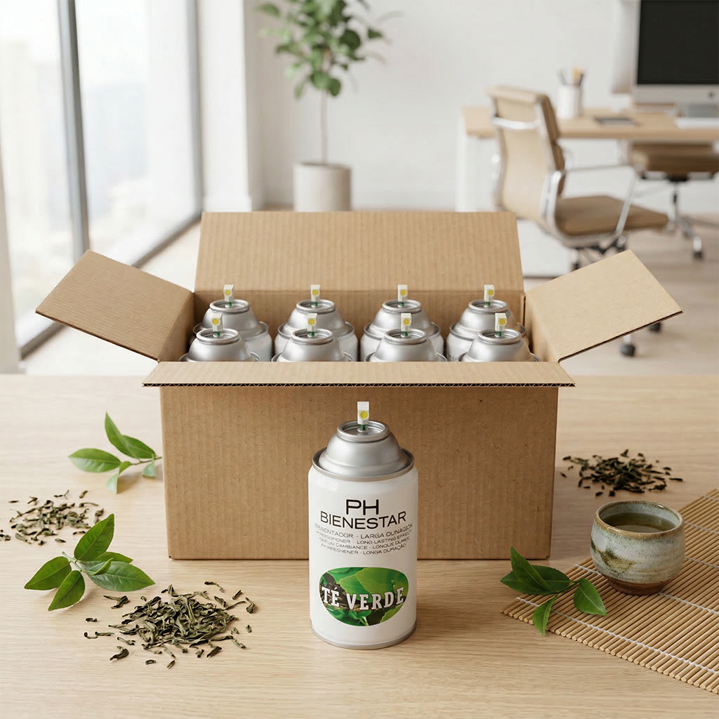 Pack aerosol ambientador profesional aroma Té Verde 250ml Serviaroma Shop, con hojas de té verde y taza japonesa sobre escritorio de oficina moderna