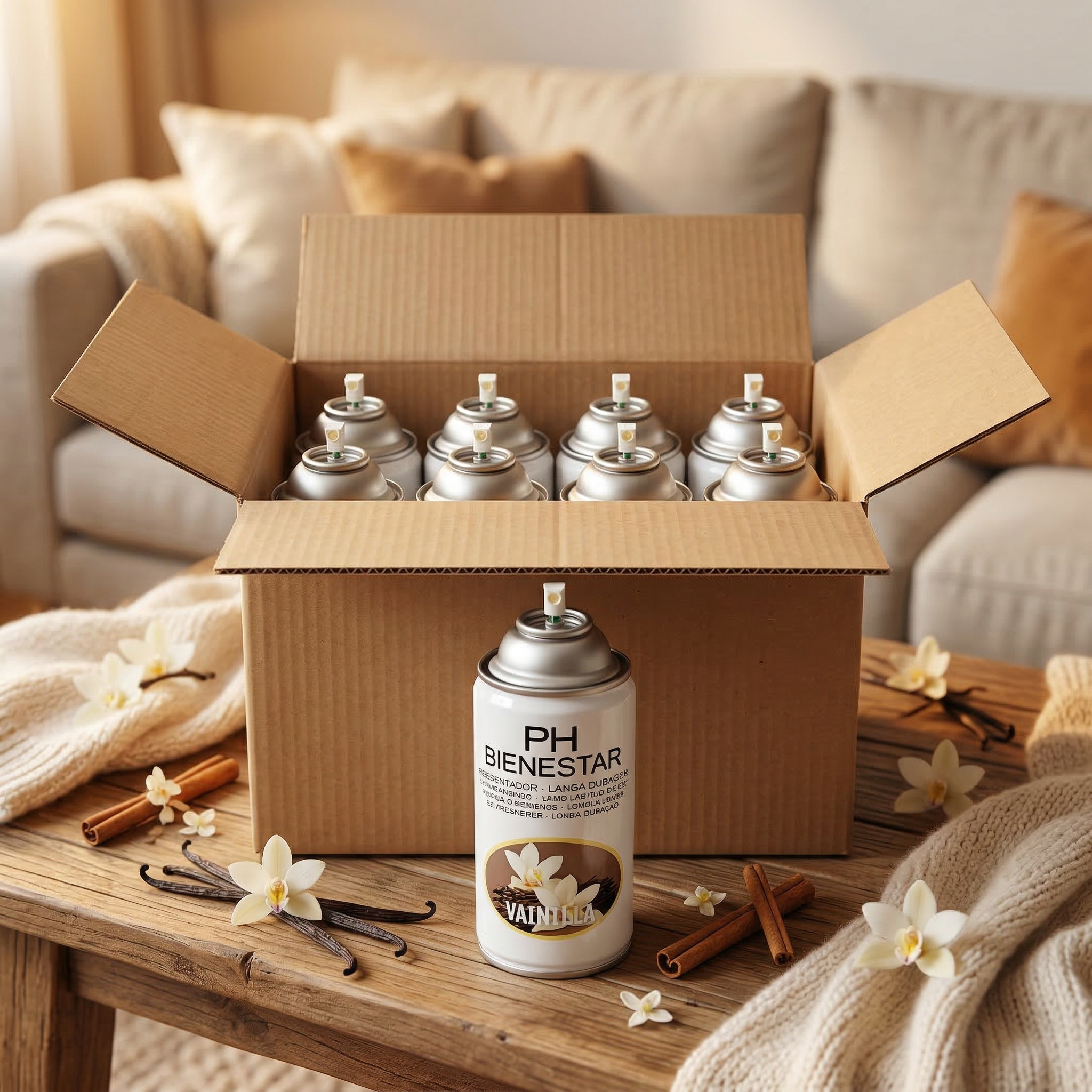 Pack aerosol ambientador profesional aroma Vainilla 250ml Serviaroma Shop, con vainas de vainilla, canela y flores blancas en salón acogedor