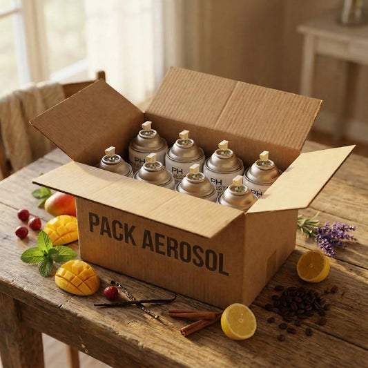 Caja Pack Aerosol con ambientadores profesionales 250ml Serviaroma Shop, rodeada de frutas, lavanda, canela y vainilla sobre mesa de madera.