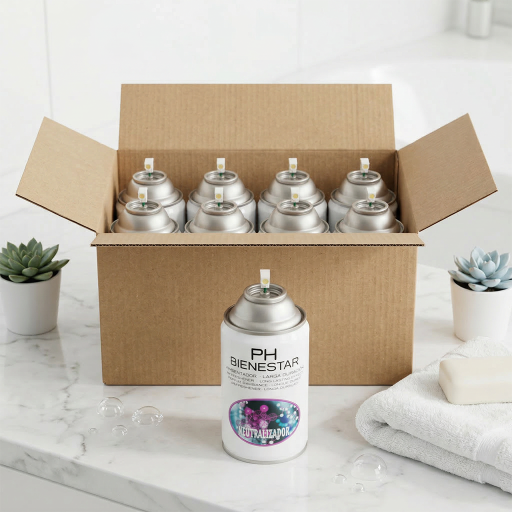 Pack aerosol neutralizador de olores profesional 250ml Serviaroma Shop, con toallas blancas y plantas suculentas sobre encimera de mármol blanco