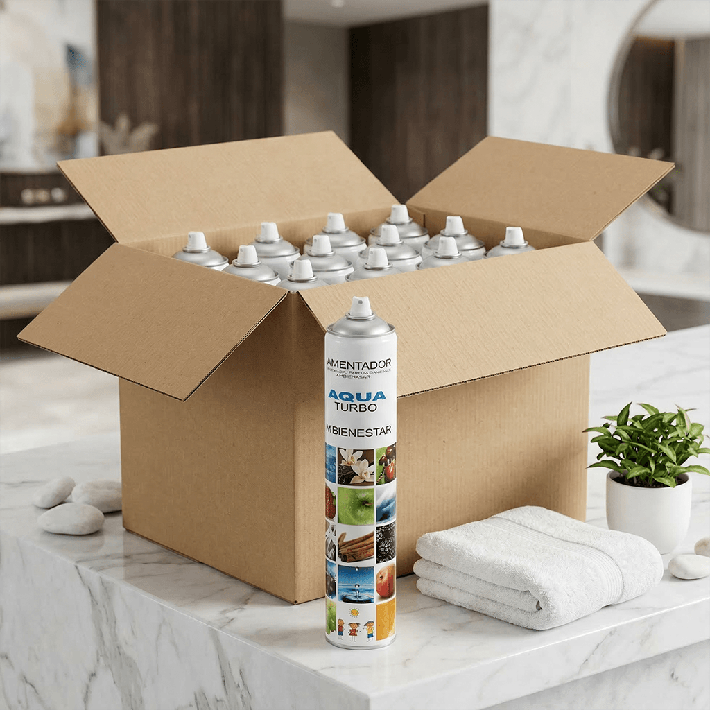 Pack aerosol TURBO 750ml ambientador profesional aroma Aqua ropa limpia 750ml Serviaroma Shop, el más vendido, con toallas blancas y piedras zen sobre encimera de mármol en baño de hotel