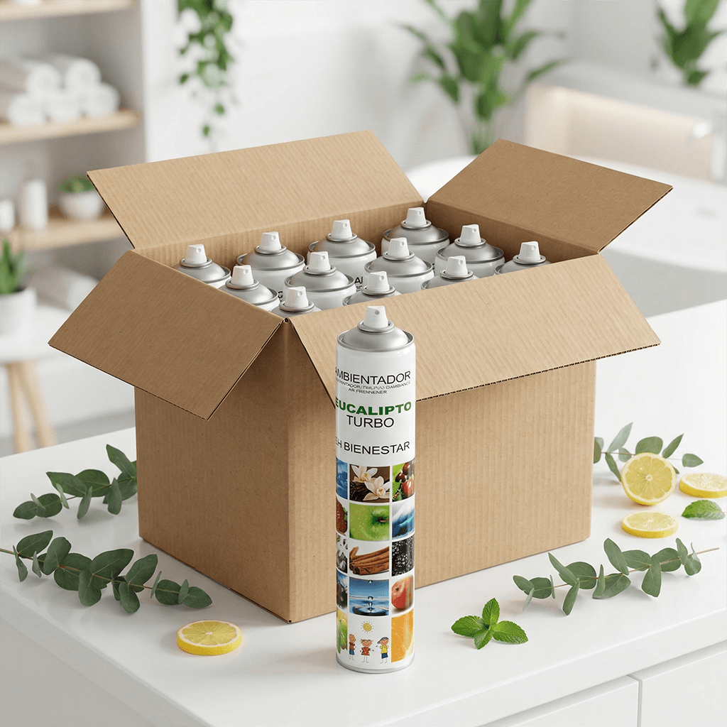 Pack aerosol TURBO 750ml ambientador profesional aroma Eucalipto Limón balsámico y revitalizante 750ml Serviaroma Shop, con ramas de eucalipto y rodajas de limón sobre encimera blanca