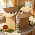 Cargar la imagen en la vista de la galería, Pack aerosol TURBO 750ml ambientador profesional aroma Mango tropical energizante 750ml Serviaroma Shop, con mango fresco y coco en ambiente de playa exótica

