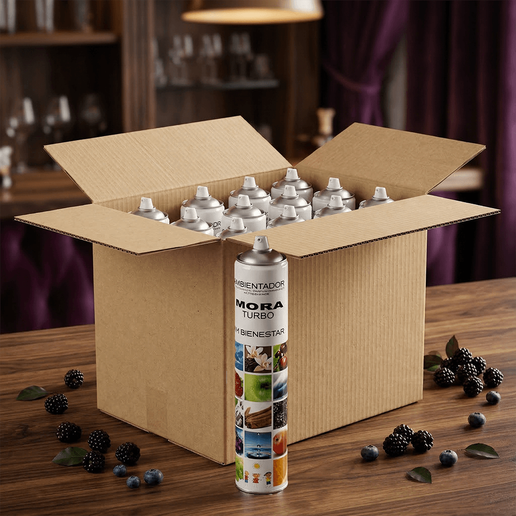Pack aerosol TURBO 750ml ambientador profesional aroma Mora frutos del bosque gourmand 750ml Serviaroma Shop, con moras y arándanos frescos sobre mesa de madera en ambiente cálido