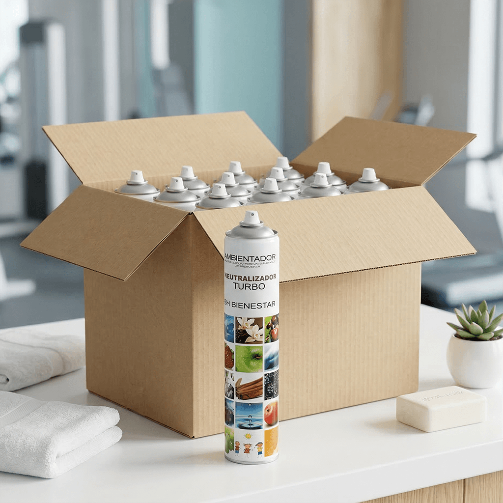 
Pack aerosol TURBO 750ml neutralizador profesional de olores tabaco y mascotas 750ml Serviaroma Shop, con toallas blancas y planta suculenta sobre encimera blanca en gimnasio