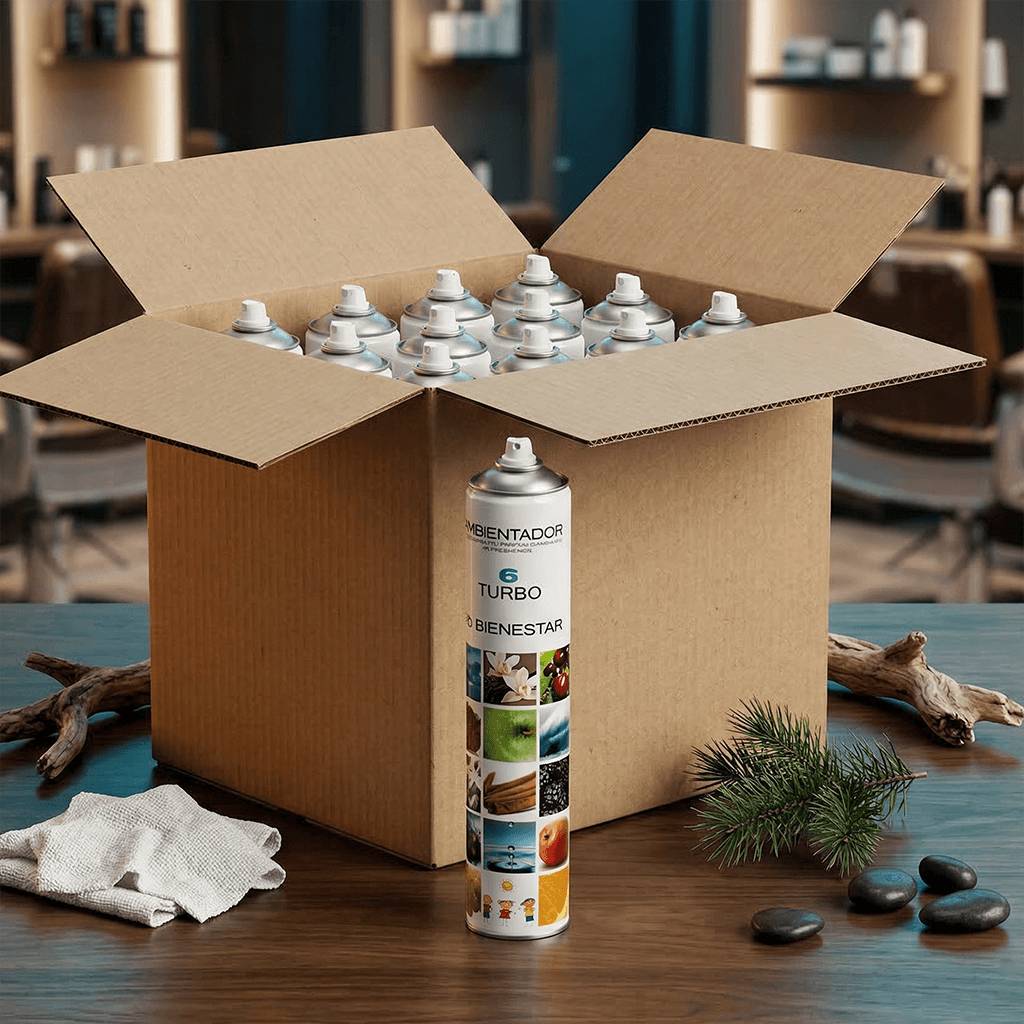 Pack aerosol TURBO 750ml ambientador profesional Perfume 6 tipo Abercrombie Fierce masculino 750ml Serviaroma Shop, con madera flotante, pino y piedras negras en barbería de alto standing