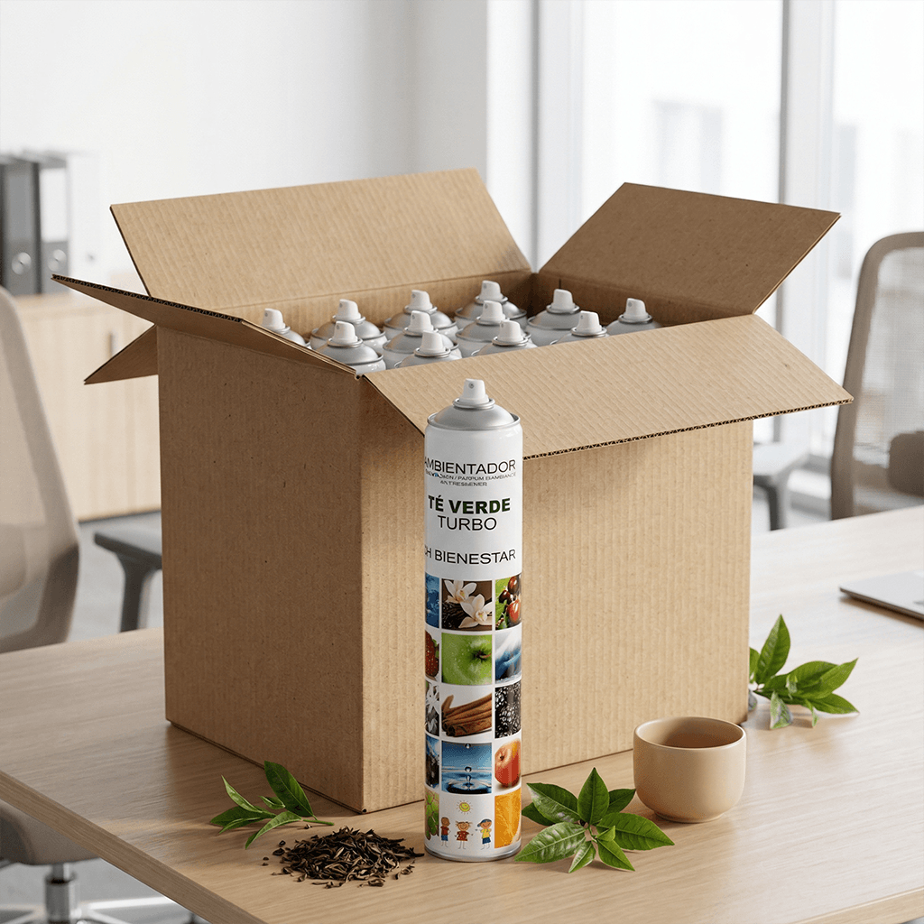 Pack aerosol TURBO 750ml ambientador profesional aroma Té Verde zen y relajante Serviaroma Shop, con hojas de té y taza de cerámica sobre escritorio de oficina moderna