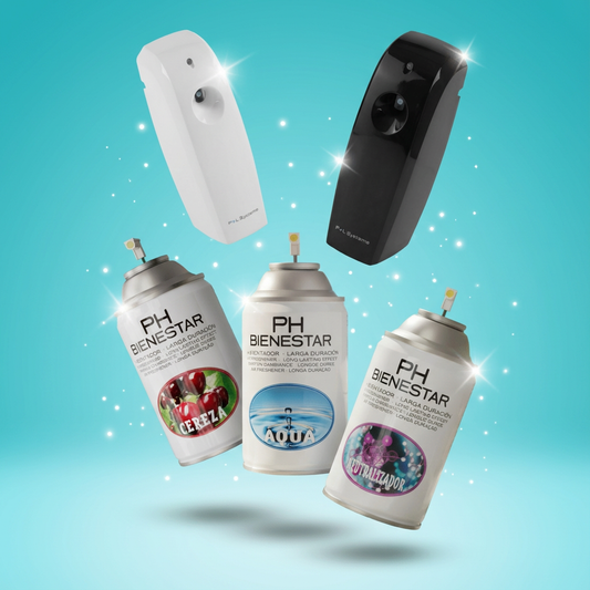 Pack completo ambientador profesional: dispensador automático y aerosoles 250ml con envío gratis. Descuentos hasta 20% comprando más unidades.