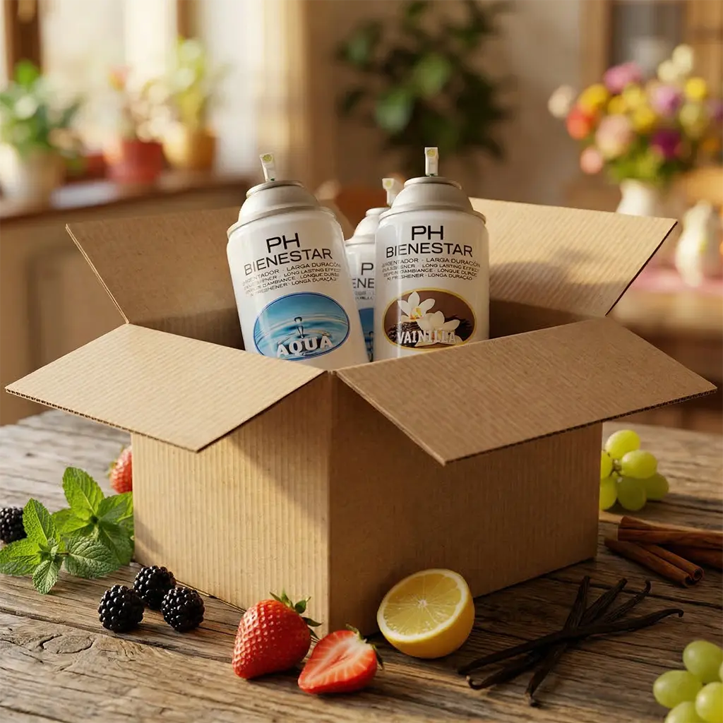 Pack Mixto Multiaroma Aerosol 250ml Serviaroma Shop mit den Düften Aqua und Vanille, umgeben von Erdbeeren, Brombeeren, Trauben, Zitrone und Vanille auf einem rustikalen Holztisch.
